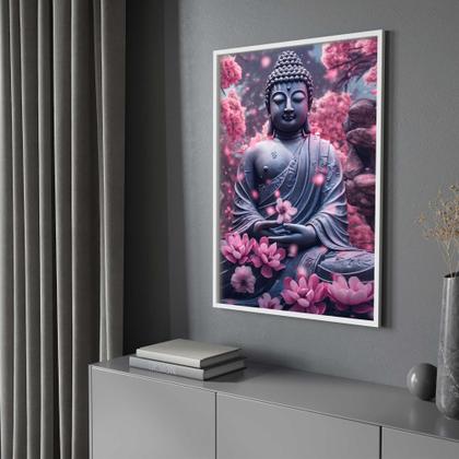 Imagem de Quadros Decorativos com com Moldura Buda Flores Rosa Buddha Vertical para Sala Quarto Decoração