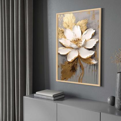 Imagem de Quadros Decorativos com com Moldura Flor Bege Dourada Pincel Vertical para Sala Quarto Decoração