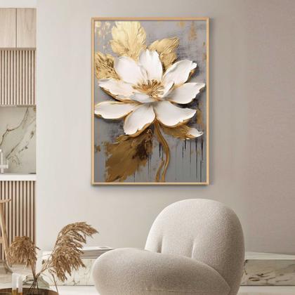 Imagem de Quadros Decorativos com com Moldura Flor Bege Dourada Pincel Vertical para Sala Quarto Decoração