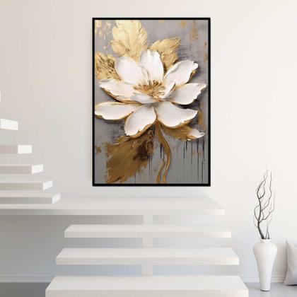 Imagem de Quadros Decorativos com com Moldura Flor Bege Dourada Pincel Vertical para Sala Quarto Decoração