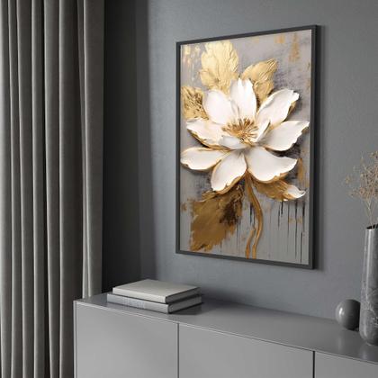 Imagem de Quadros Decorativos com com Moldura Flor Bege Dourada Pincel Vertical para Sala Quarto Decoração