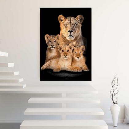 Imagem de Quadros Decorativos com com Moldura Leoa 3 Filhotes Leões Vertical para Sala Quarto Decoração