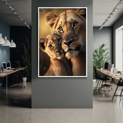 Imagem de Quadros Decorativos com com Moldura Leoa Filhote Família Vertical para Sala Quarto Decoração