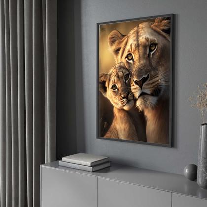 Imagem de Quadros Decorativos com com Moldura Leoa Filhote Família Vertical para Sala Quarto Decoração