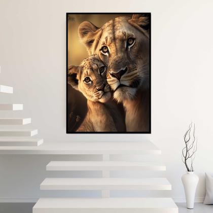 Imagem de Quadros Decorativos com com Moldura Leoa Filhote Família Vertical para Sala Quarto Decoração