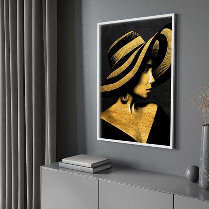 Imagem de Quadros Decorativos com com Moldura Mulher  Dourada Chapéu Vertical para Sala Quarto Decoração