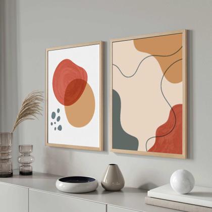 Imagem de Quadros Decorativos com Moldura  Abstrato Formas Vermelho Bege  Sala Quarto Kit Conjunto 2