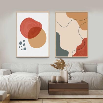 Imagem de Quadros Decorativos com Moldura  Abstrato Formas Vermelho Bege  Sala Quarto Kit Conjunto 2