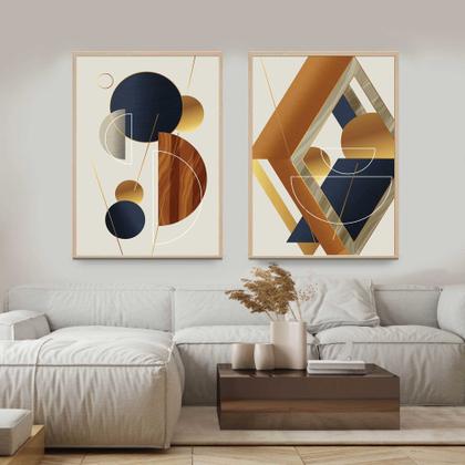 Imagem de Quadros Decorativos com Moldura  Abstrato Moderno Geometrico  Sala Quarto Kit Conjunto 2