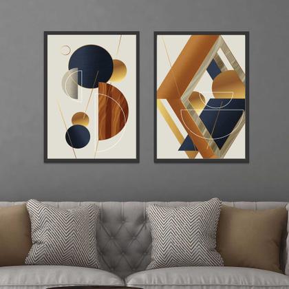 Imagem de Quadros Decorativos com Moldura  Abstrato Moderno Geometrico  Sala Quarto Kit Conjunto 2