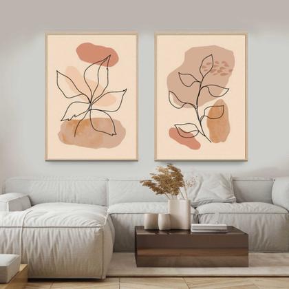 Imagem de Quadros Decorativos com Moldura  Arte Minimatista Folhas Sala Quarto Kit Conjunto 2