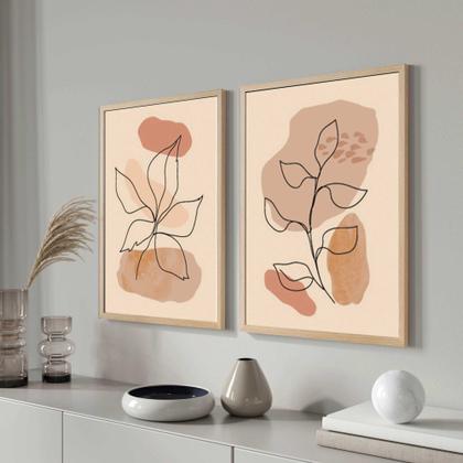 Imagem de Quadros Decorativos com Moldura  Arte Minimatista Folhas Sala Quarto Kit Conjunto 2