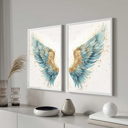 Imagem de Quadros Decorativos com Moldura  Asas Azul Dourada Sala Quarto Kit Conjunto 2