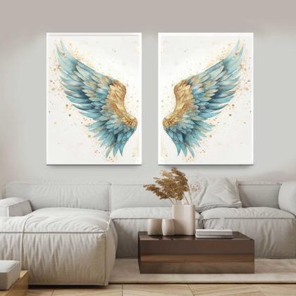 Imagem de Quadros Decorativos com Moldura  Asas Azul Dourada Sala Quarto Kit Conjunto 2
