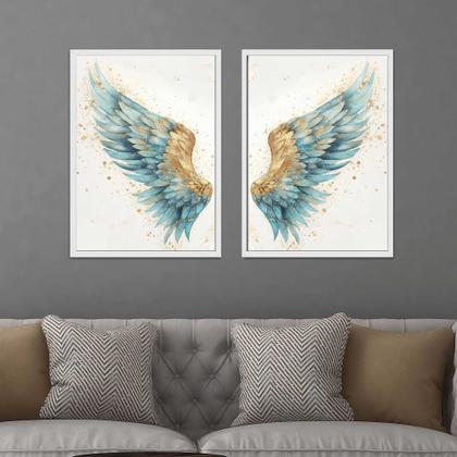 Imagem de Quadros Decorativos com Moldura  Asas Azul Dourada Sala Quarto Kit Conjunto 2
