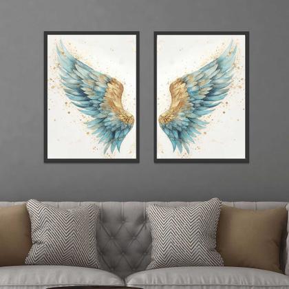 Imagem de Quadros Decorativos com Moldura  Asas Azul Dourada Sala Quarto Kit Conjunto 2