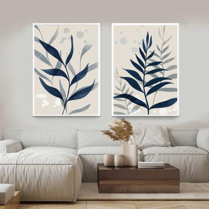Imagem de Quadros Decorativos com Moldura  Folhas Azul Tons Neutro Sala Quarto Kit Conjunto 2