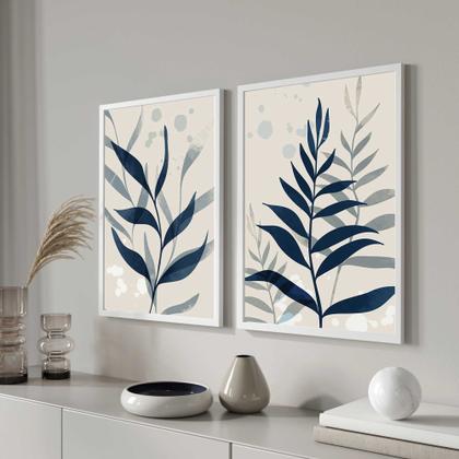 Imagem de Quadros Decorativos com Moldura  Folhas Azul Tons Neutro Sala Quarto Kit Conjunto 2