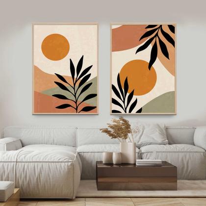 Imagem de Quadros Decorativos com Moldura  Folhas Formas Abstrato Sala Quarto Kit Conjunto 2