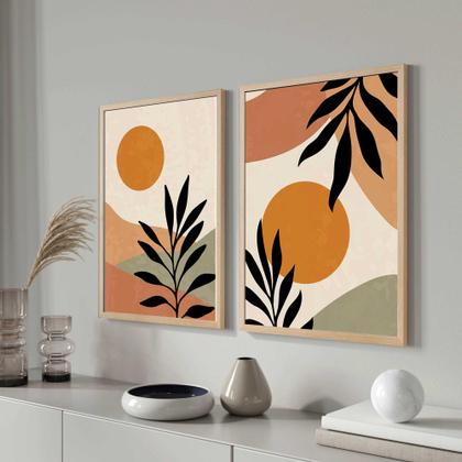 Imagem de Quadros Decorativos com Moldura  Folhas Formas Abstrato Sala Quarto Kit Conjunto 2