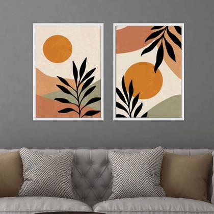 Imagem de Quadros Decorativos com Moldura  Folhas Formas Abstrato Sala Quarto Kit Conjunto 2