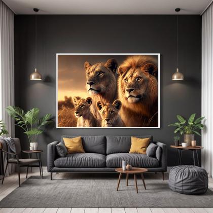 Imagem de Quadros decorativos com Moldura Sala Quarto Família de Leão Leões Filhote  Grande Hall