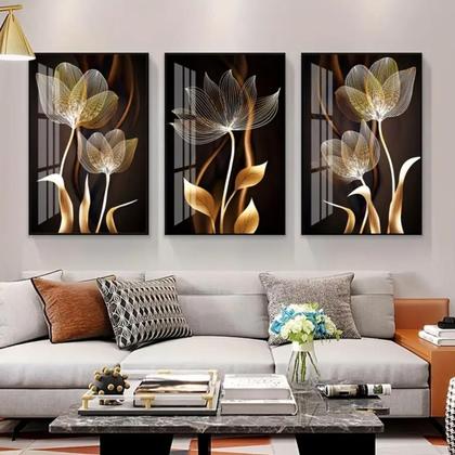 Imagem de Quadros Decorativos De Parede Arte Flores Preto e Douradas Luxo Para Quartos Sala Escritório XGROWTH DO BRASIL