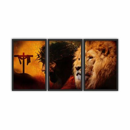 Imagem de Quadros Decorativos Moldura Madeira 120x60 Cruz Leão Jesus
