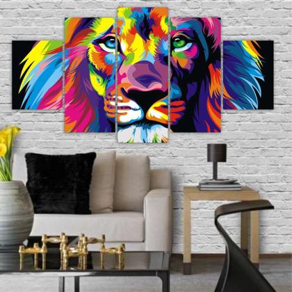 Imagem de Quadros Decorativos Mosaico MDF Leão Colorido 115x60cm