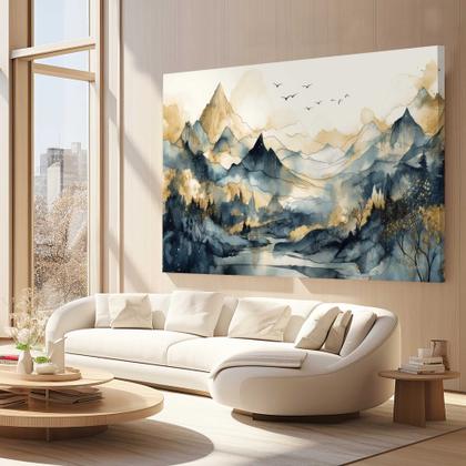 Imagem de Quadros Decorativos para Quarto Sala Paisagem Abstrato Montanhas Azul Bege  Grande Escritório Hall