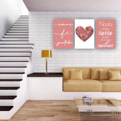 Imagem de Quadros Decorativos quarto frases Amor Fé Gratidão Coração Rose Escrito Branco 80x60