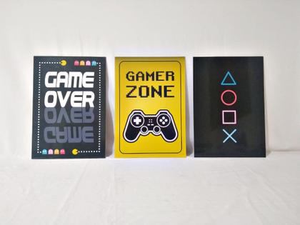 Imagem de Quadros Gamer Decoração Quarto Nerd Geek Kit 3 Peças 28x40cm