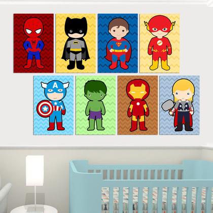 Imagem de Quadros Kit 8 Heróis e 8 Princesas 20x30cm quarto infantil