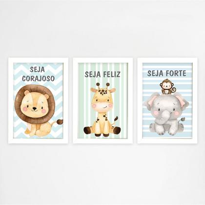 Imagem de Quadros Safari Cute 3 Peças Com Moldura Decoração Infantil Quarto Bebê Menino