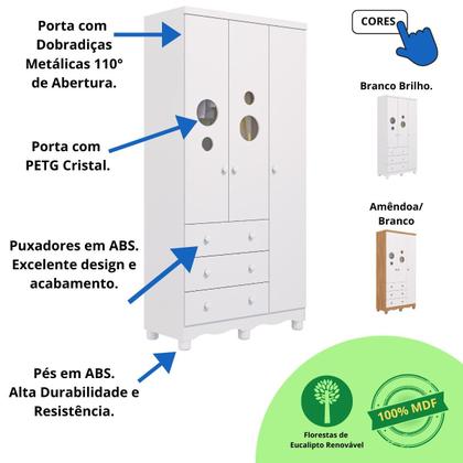 Imagem de Quarto Bebê Completo Berço Americano Bem 3 em 1 Guarda Roupas 3 Portas Cômoda Bolinha 100% MDF