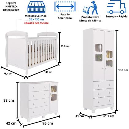 Imagem de Quarto Bebê Completo Berço Americano Marquesa 3 em 1 Guarda Roupa 2 Portas Cômoda Uli 100% MDF Móveis Peroba