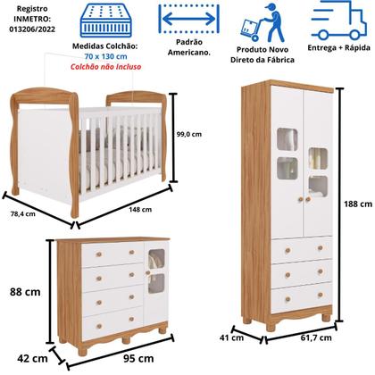Imagem de Quarto Bebê Completo Berço Americano Marquesa 3 em 1 Guarda Roupa 2 Portas Cômoda Uli MDF
