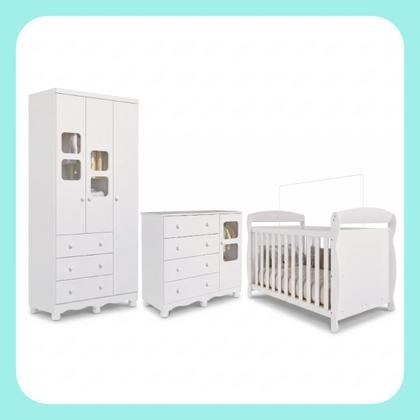 Imagem de Quarto Bebê Completo Berço Americano Marquesa 3 em 1 Guarda Roupa 3 Portas Cômoda Uli Faura