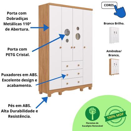 Imagem de Quarto Bebê Completo Berço Americano Marquesa 3 em 1 Guarda Roupa 4 Portas Cômoda Bolinha 100% MDF