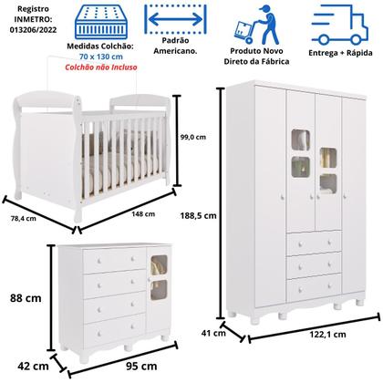 Imagem de Quarto Bebê Completo Berço Americano Marquesa 3 em 1 Guarda Roupa 4 Portas Cômoda Uli MDF
