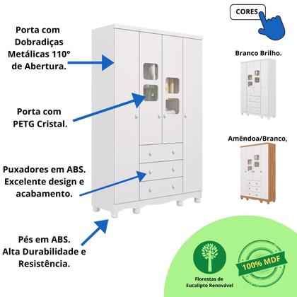 Imagem de Quarto Bebê Completo Berço Americano Marquesa 3 em 1 Guarda Roupa 4 Portas Cômoda Uli MDF