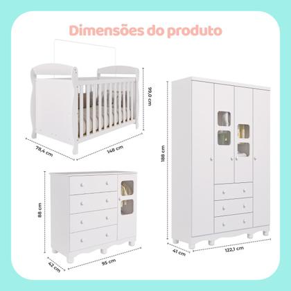 Imagem de Quarto Bebê Completo Berço Americano Marquesa 3 em 1 Guarda Roupa 4 Portas Cômoda Uli MDF