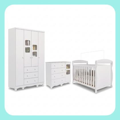 Imagem de Quarto Bebê Completo Berço Americano Marquesa 3 em 1 Guarda Roupa 4 Portas Cômoda Uli MDF