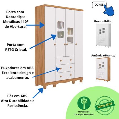 Imagem de Quarto Bebê Completo Berço Americano Marquesa 3 em 1 Guarda Roupa 4 Portas Cômoda Uli MDF