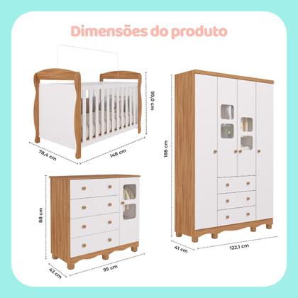 Imagem de Quarto Bebê Completo Berço Americano Marquesa 3 em 1 Guarda Roupa 4 Portas Cômoda Uli MDF