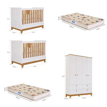 Imagem de Quarto Bebê Gêmeos 2 Berço Mini Cama Guarda Roupa Liza e 2 Colchões Gazin Permobili
