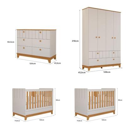 Imagem de Quarto Bebê Gêmeos com 2 Berços Mini Cama Cômoda  e Guarda Roupa Liza Permobili