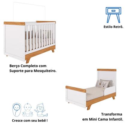 Imagem de Quarto Bebê Retrô Completo com Guarda Roupa 4 Portas Berço Mini Cama Cômoda 4 Gavetas 100% MDF Móveis Peroba