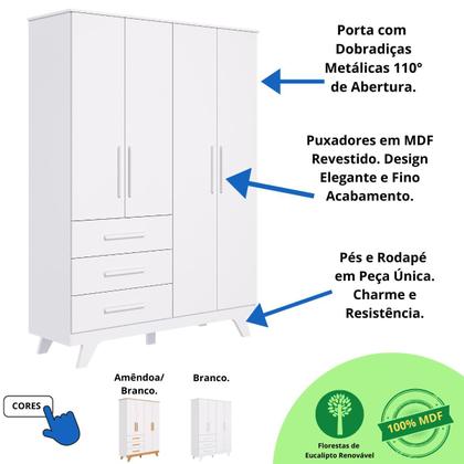 Imagem de Quarto Bebê Retrô Completo com Guarda Roupa 4 Portas Berço Mini Cama Cômoda 4 Gavetas MDF Faura