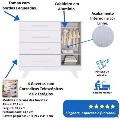 Imagem de Quarto Bebê Retrô Completo com Guarda Roupa 4 Portas Berço Mini Cama Cômoda 4 Gavetas MDF Faura